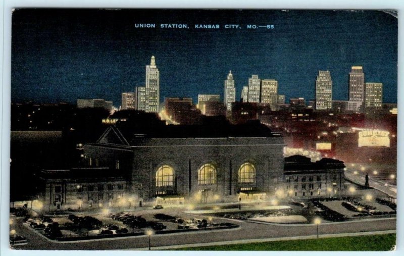 2 Postcards KANSAS CITY, MO ~ Railroad Depot UNION STATION Night/Day c1940s