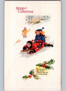 c1920 Christmas Joys Cute Girls Pulling Sled Postcard