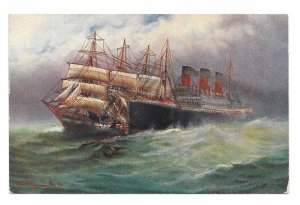 Nautical Artist Signed Alfred Jensen Sailing Ship Collision Foggy Weather 1911