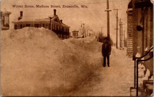 Postcard Winter Scene on Madison Street in Evansville, Wisconsin