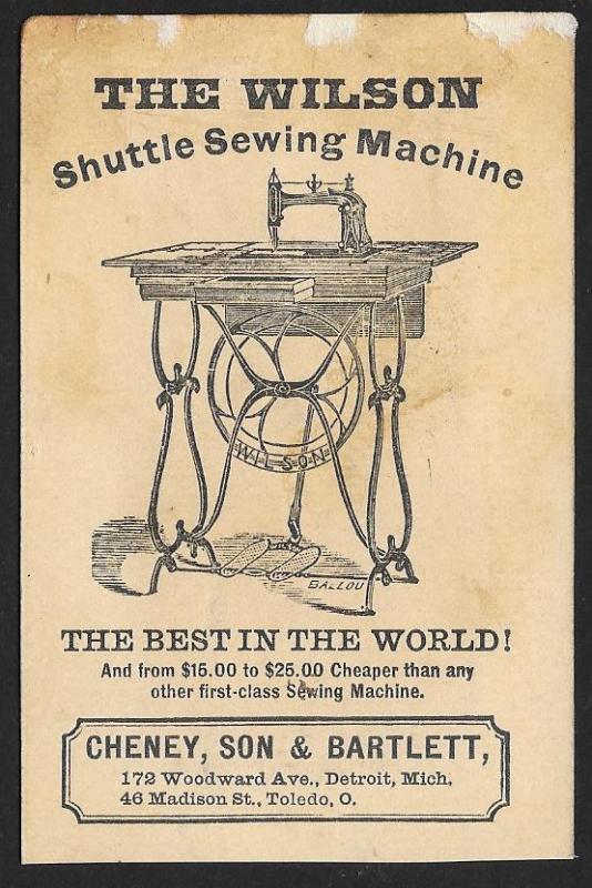 VICTORIAN TRADE CARD Wilson Sewing Machine Man Cradle & Sewing Machine c1871