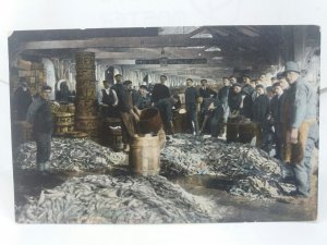 Rare View Workers at The Fish Market Lowestoft Antique Vintage Postcard 1908