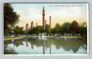 Detroit MI-Michigan, Water Works Park, Tower, Mirror Lake, Vintage Postcard