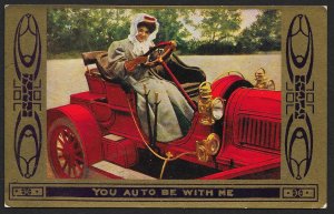 Lady in Coat Driving a Fancy Red Car You Auto Be With Me Unused c1910s