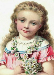 1880s Victorian Christmas Card Lovely Girl & Daisies Fab! P209