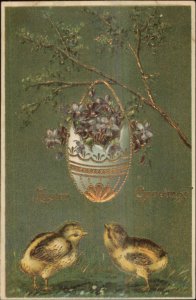 Easter - Chicks Egg Basket on Branch Gilt Embossed c1910 Postcard