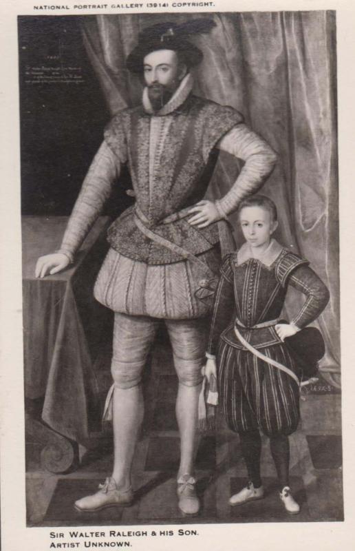 Sir Walter Raleigh & His Son Soldier Devon History London Art Painting Postcard