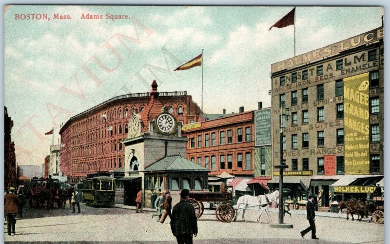 c1910s Boston, MA Adam's Square Clock Street Cars Trolley Advertising Signs A198