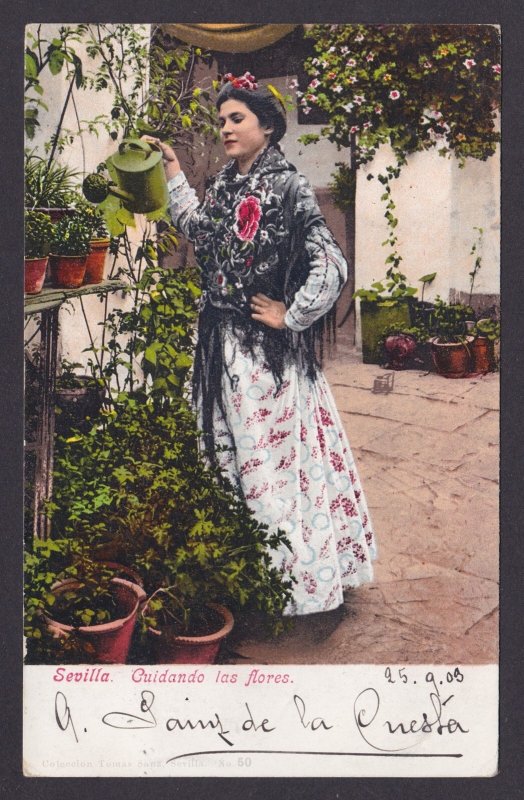 Vintage postcard, National costume, Spain, Seville, Caring for flowers