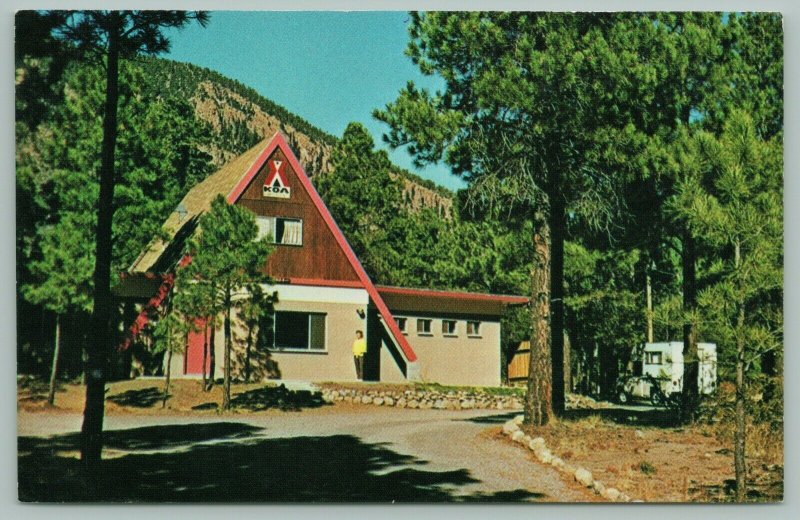 Flagstaff Arizona~KOA Camping~Camper~Pine Trees~A-Frame Office~1960s 