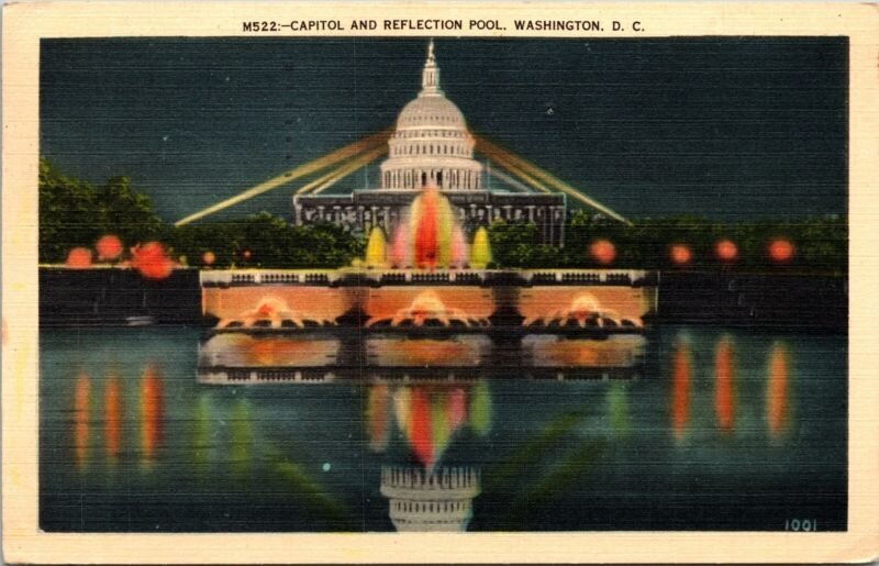 US Capitol & Reflection Pool Night View Washington DC Linen Cancel WOB Postcard