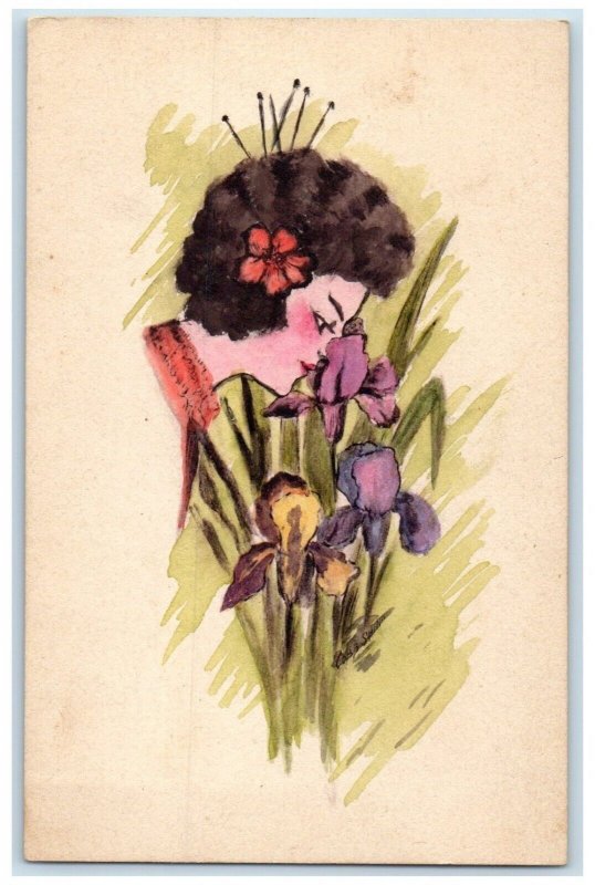 c1910's Japanese Girl Hand Painted Art Flowers Monterey Martin Co. MN Postcard