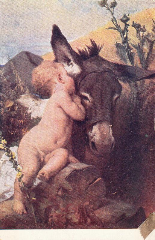 The old donkey & cherub by Benczur hungarian artist early art postcard