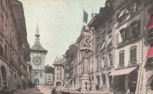 Vintage Postcard Bear Fountain Clock Tower On Background Berne Switzerland