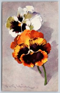 Catherine Klein~Orange & White Pansies~Lavender Gray Back~Shadows~1921