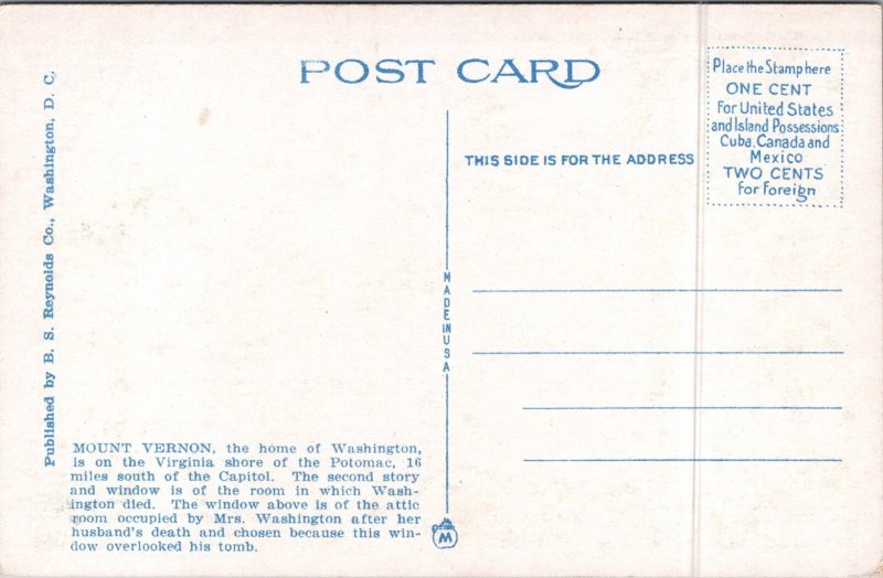 Washington's Mansion Mount Vernon Virginia VA Postcard
