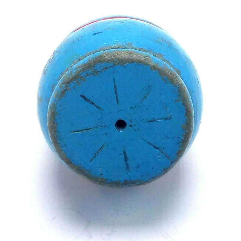 Vintage Wood Spinning Top Metal Tip Original Paint wood Blue w Red Stripe