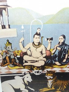 Lord Shiva with Son Ganpati & Wife Parvati Antique Indian Postcard Hindu Deity