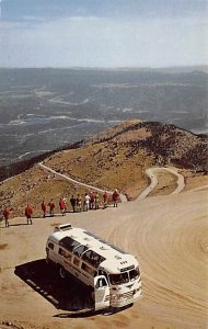 Tour Bus Stop Lookout Point Pikes Peak Highway View Postcard Backing 