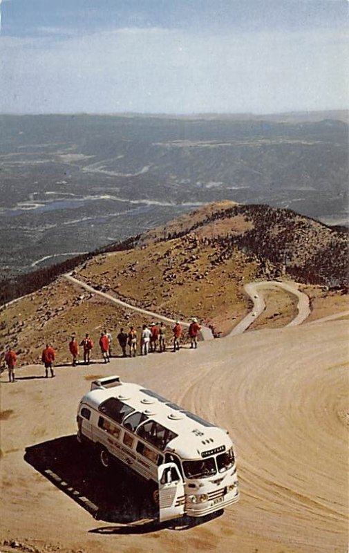 Tour Bus Stop Lookout Point Pikes Peak Highway View Postcard Backing 