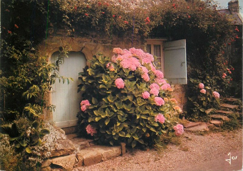 France carte postale Bretagne maison typique detail porte couverte de fleurs