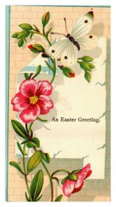 Vintage 1890's Victorian Easter Card - White Butterfly Pink Flowers Nice