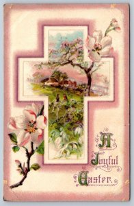 A Joyful Easter, Rural Scene In Cross, Cherry Blossoms, Antique 1914 Postcard