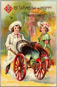 Chef Carts Turkey to Feast Best Wishes Thanksgiving Embossed Postcard P37