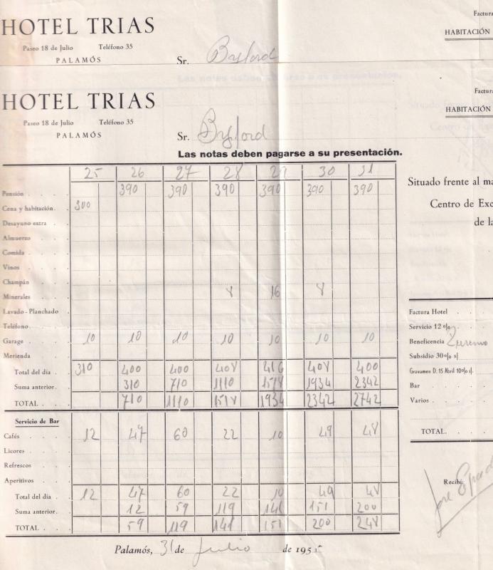 Hotel Trias Palamos 2x 1955 Receipt s