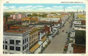 Vintage Postcard Bird's Eye View Downtown Street Scene Fargo ND