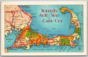 Cape Cod Massachusetts 1930s Postcard Tourist Auto Map With Driving Distances