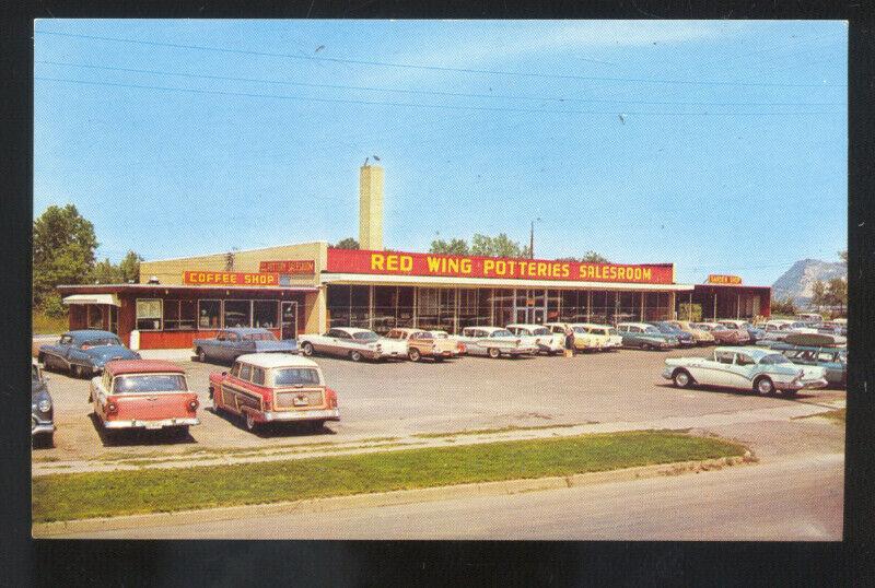 RED WING MINNESOTA 1950's CARS WOODY WAGON POTTERY STORE VINTAGE POSTCARD