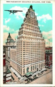 Vtg 1929 Postcard New York - The Paramount Broadway Building w Airlplane