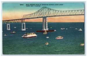 1955 Main Bridge Span Of Sunshine Skyway Over Lower Tampa Bay FL Boats Postcard 