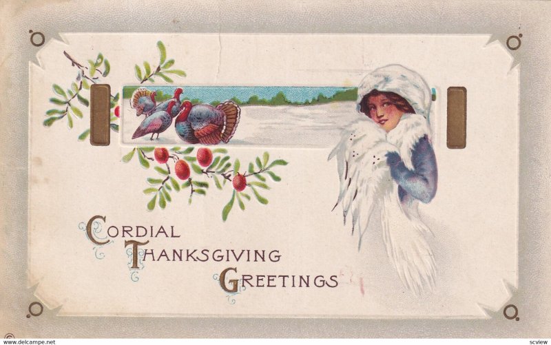 THANKSGIVING, PU-1913; Cordial Greetings, Wild Turkeys, Mistletoe & Woman wea...