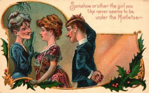 Vintage Postcard Christmas Ladies Boy Leaves Decoration Calligraphic Border