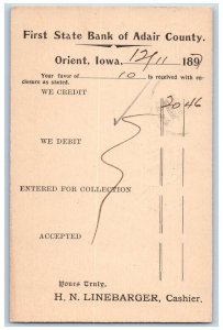 Orient Iowa IA Creston IA Postal First State Bank of Adair County 1897