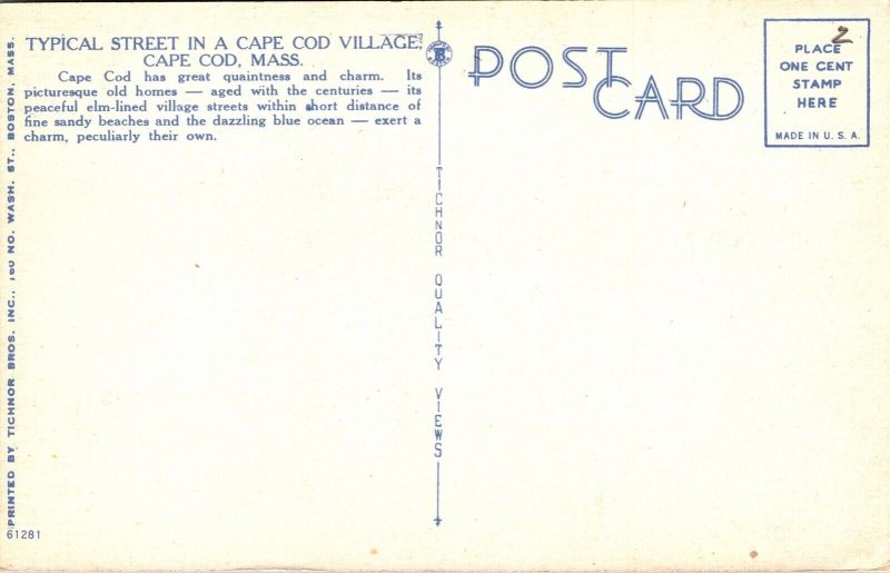 Typical Street Cape Cod Village Massachusetts MA Linen Postcard UNP VTG Tichnor 