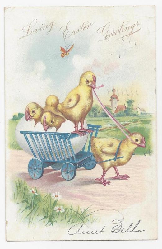 Tuck Easter Postcard Chick Pulling Cart Hatchlings UDB 1907