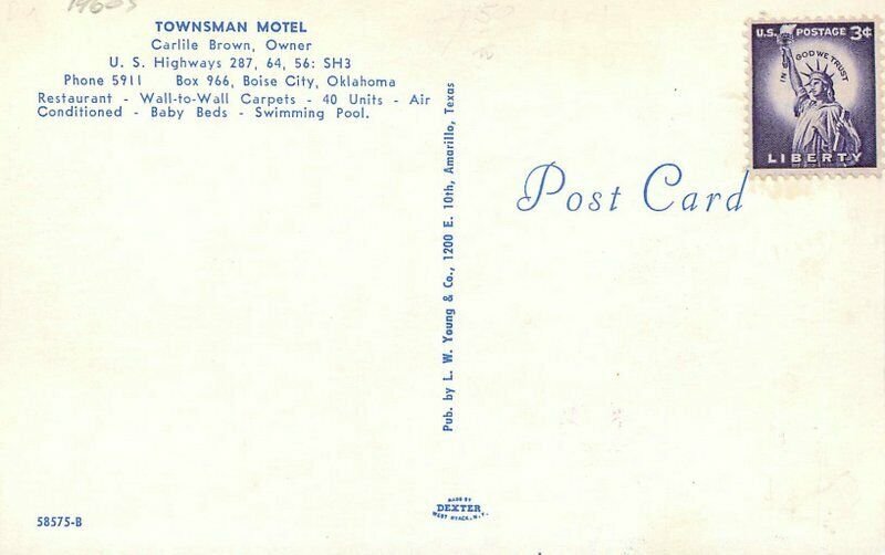 Autos 1960s Boise City Oklahoma Postcard Townsman Motel roadside Young 20-5104