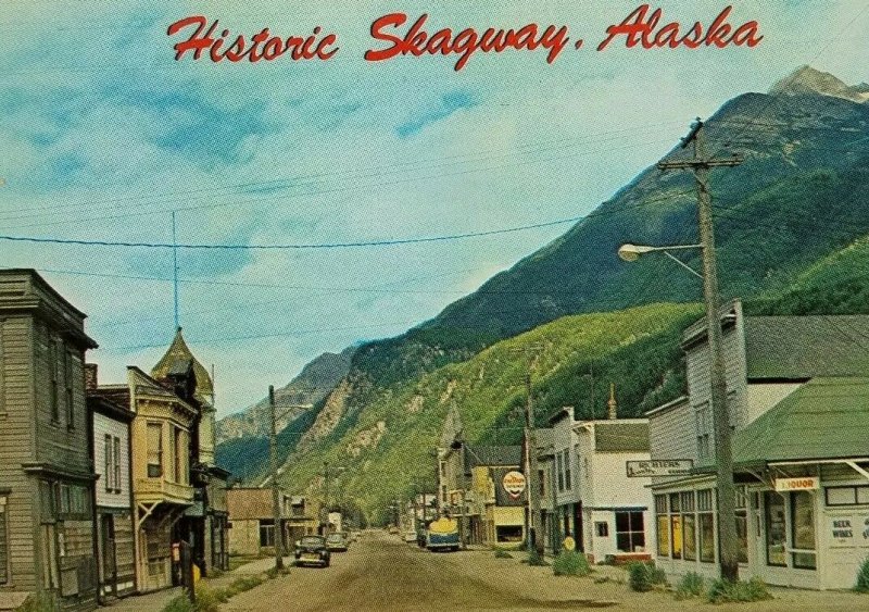Vintage Historic Skagway Alaska classic cars dirt street signs scenic