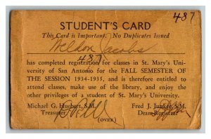 1934-35 Student's Card St. Mary's University Of San Antonio