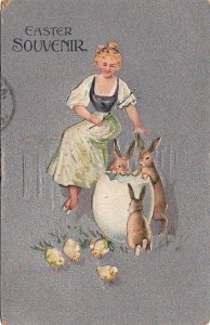 Easter Postcard Woman Dress With Brown Rabbits and Chicks