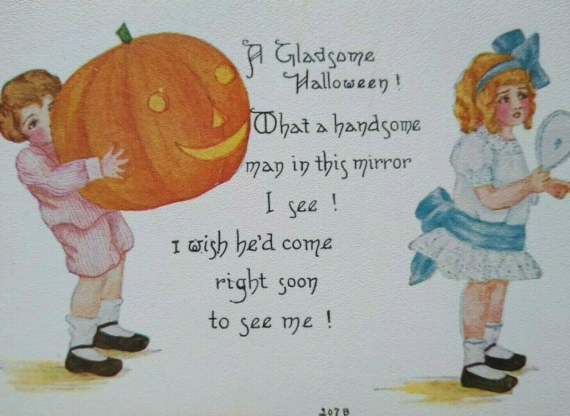 Vintage Halloween Postcard Boy Giant Pumpkin Girl Mirror 207 B FA Owen Unused