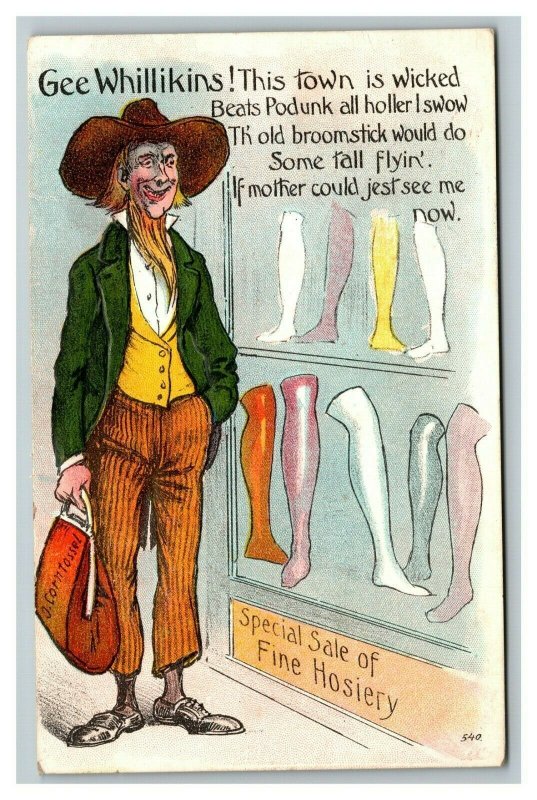 Vintage 1911 Comic Postcard - Country Man Looks at Hosiery - This Town is Wicked