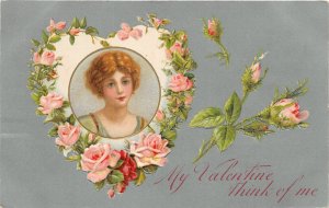 G2/ Valentine's Day Love Postcard c1910 Pretty Woman Flowers Heart 18
