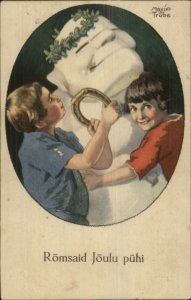 Christmas? Children & Unusal Snowman Maxim Trube Postcard c1915