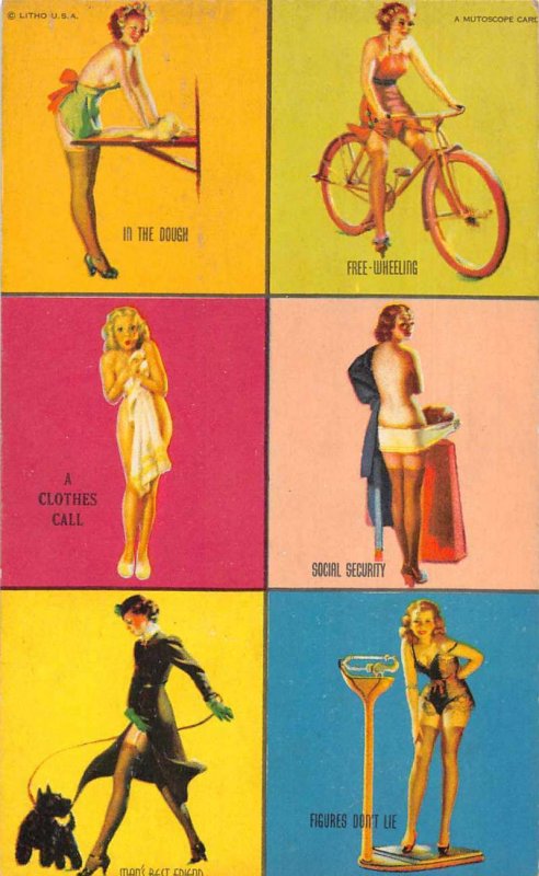 Pin Up Girls Riding Bike Walking Dog Mutoscope Vintage Arcade Card AA1129