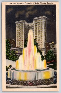 Atlanta Georgia~Joel Hurt Memorial Fountain Night View~Bldg~Linen 1940s Postcard