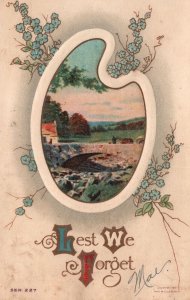 Lest We Forget Suspension Bridge Landscape Forget Me Nots Vintage Postcard